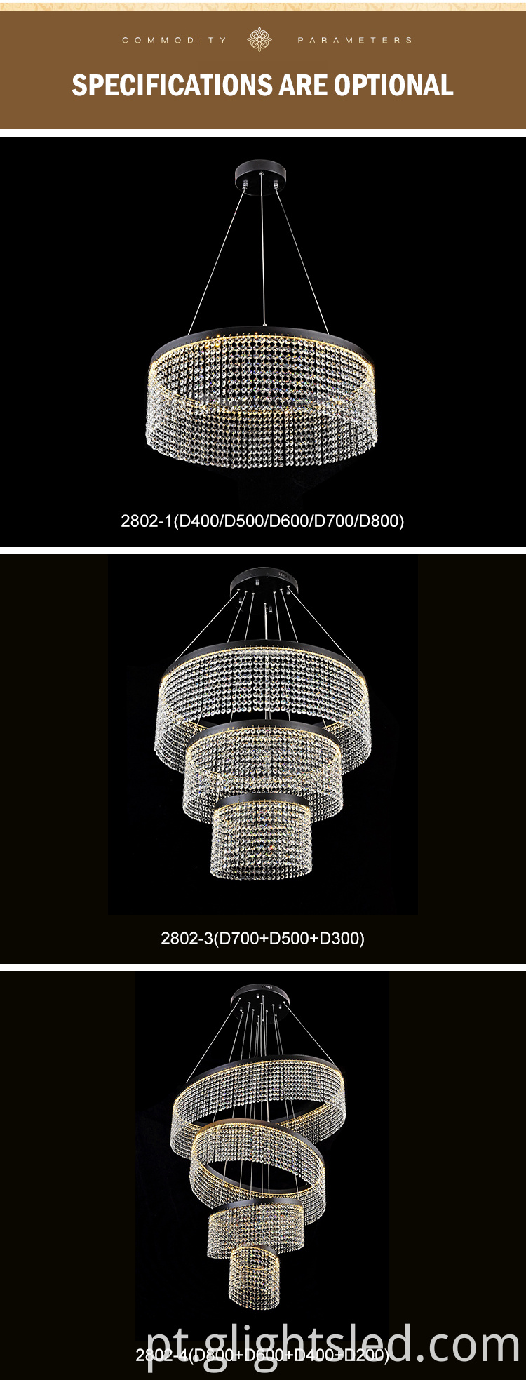 Novo design personalizado de luxo em cristal de vidro de hotel 24w 36w 50w lustre moderno led lustre suspenso